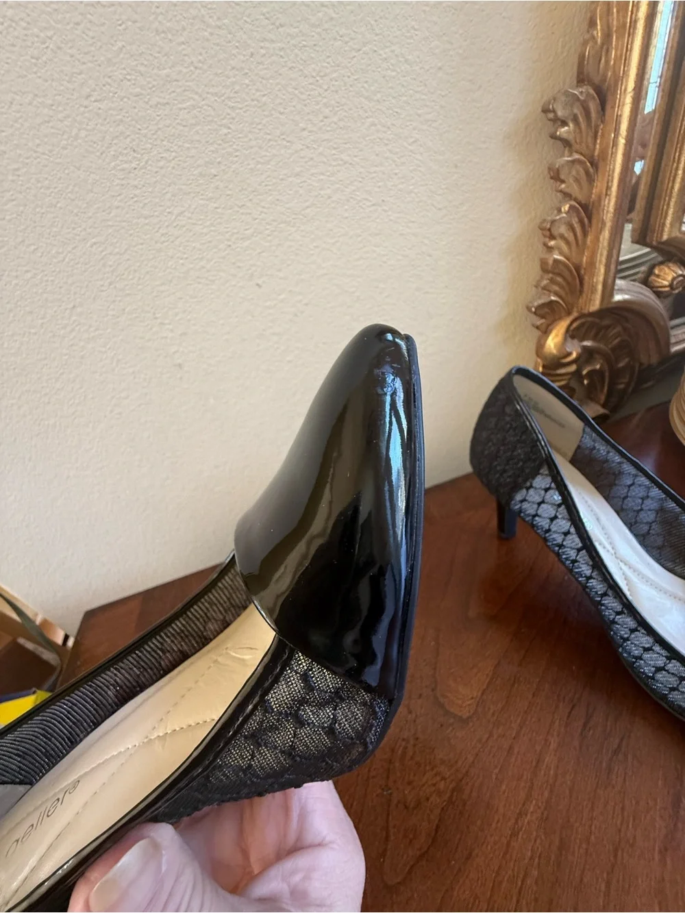 Andrew Geller black patent leather/ woven fabric heels